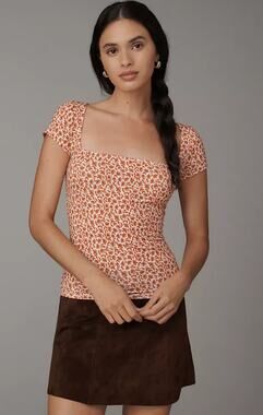 Reformation Orange Floral Square-Neck Short Sleeve Top